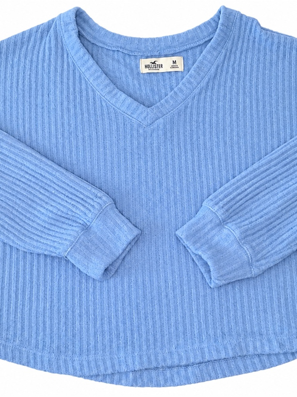 Hollister Men's Sky Blue Ribbed V-Neck Sweater